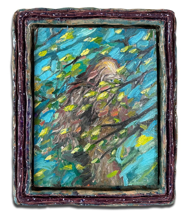 Dasha Bazanova Wind That Walks, 2024 Oil paint on board in ceramic frame 12.5 x 11 x 1.5 in