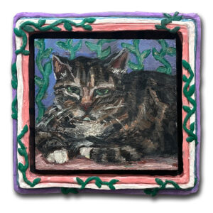 Dasha Bazanova Unidentified Cat, 2024 Oil paint on wood ceramic frame Approx 10 x 10 x 1.5 in