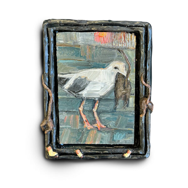 Dasha Bazanova Seagull Swallowing a rat, 2024 Oil paint on wood in ceramic frame