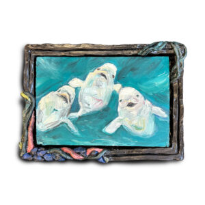 Dasha Bazanova Three Belugas, 2024 Oil paint on wood in ceramic frame