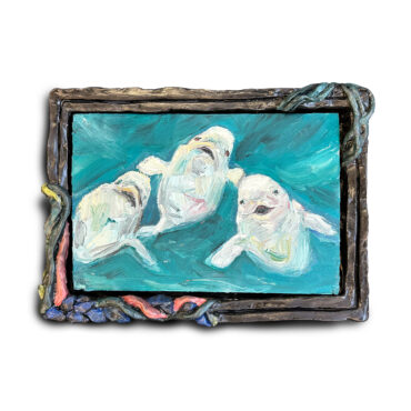 Dasha Bazanova Three Belugas, 2024 Oil paint on wood in ceramic frame